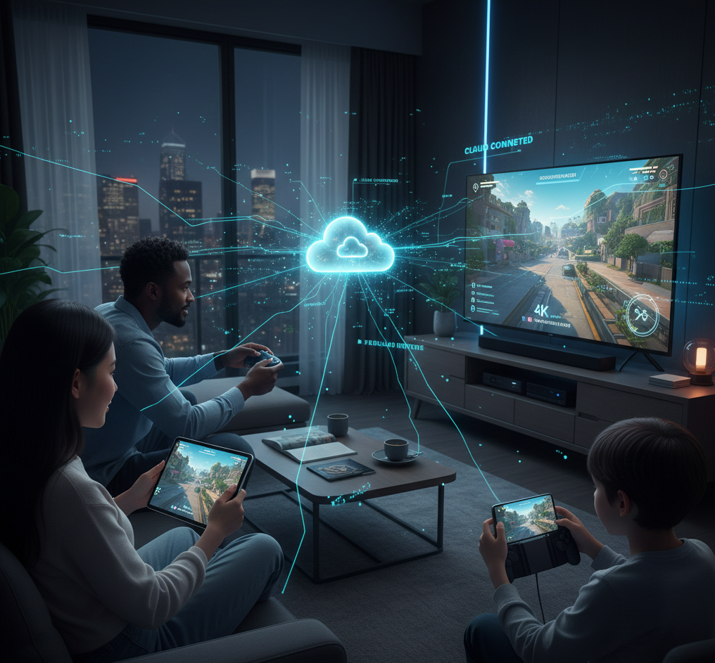 Cloud gaming 2026 showing family playing high quality games via streaming technology on multiple devices