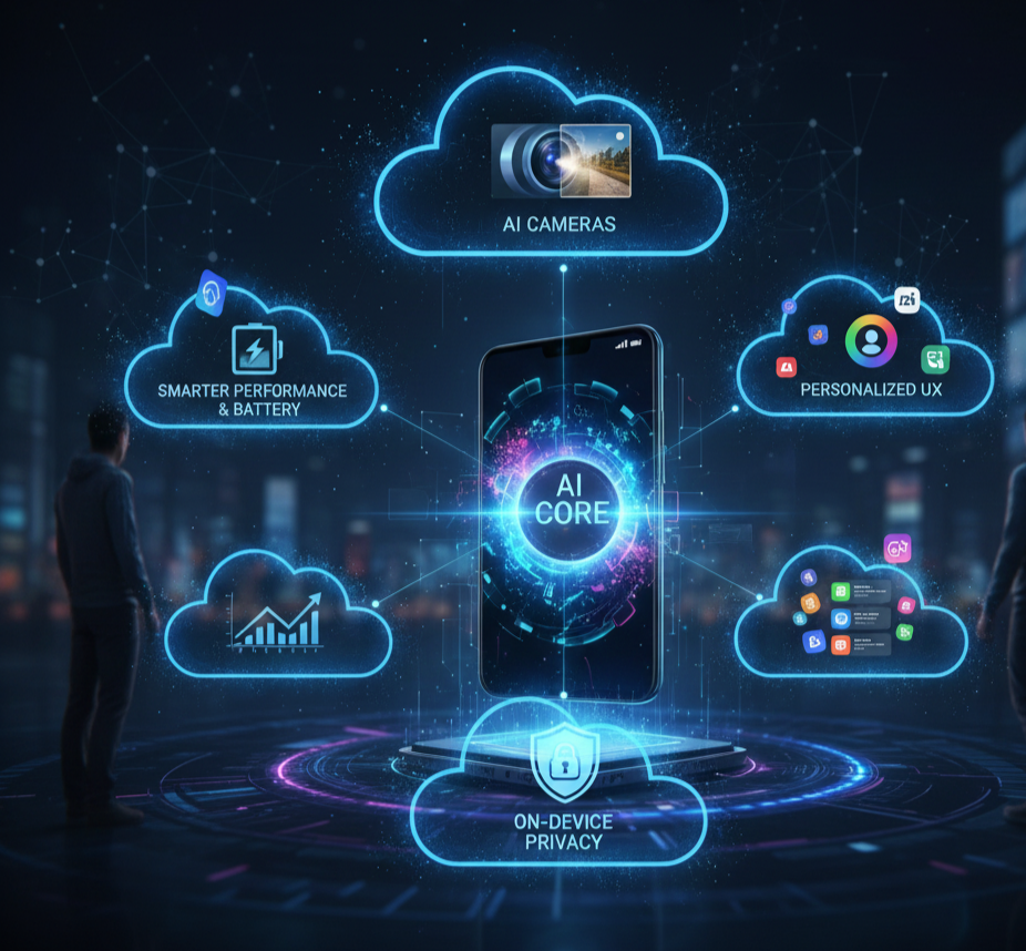 AI Smartphones 2026 showing AI cameras, smart battery optimization, privacy-first on-device AI, and personalized user experience