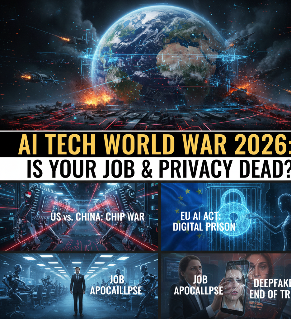 AI chip, global map, US–China tension, servers, digital war visuals AI Tech War 2026 showing global chip conflict, AI regulation battles, and digital power struggle