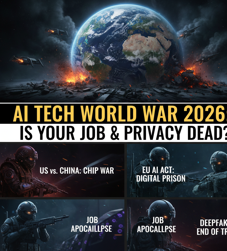 AI chip, global map, US–China tension, servers, digital war visuals AI Tech War 2026 showing global chip conflict, AI regulation battles, and digital power struggle