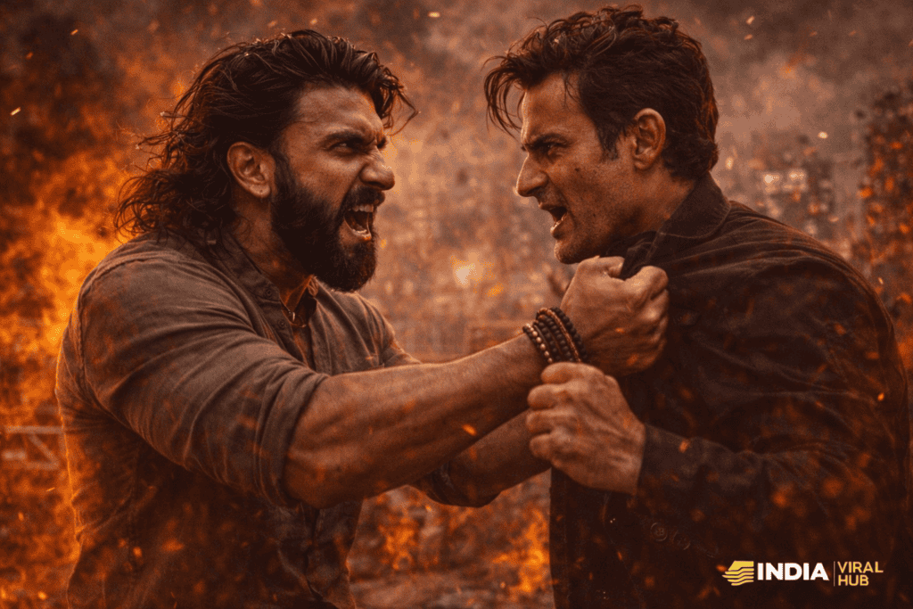 Angry men fighting outdoors during fire or explosion scene in a movie.