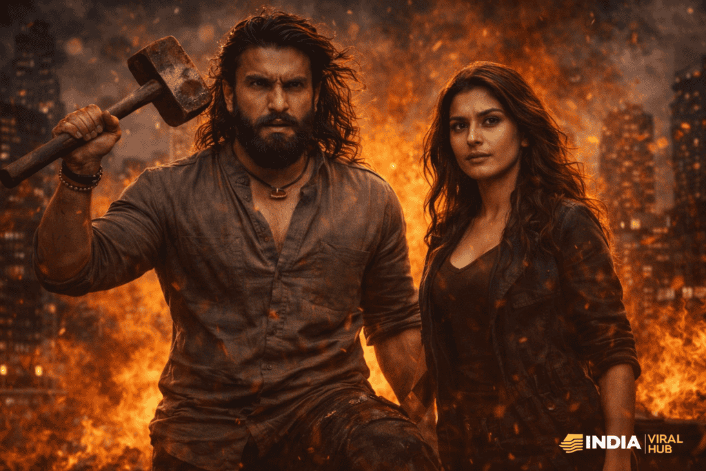 Intense action scene from Indian movie with fiery background and heroic characters for viral entertainment.