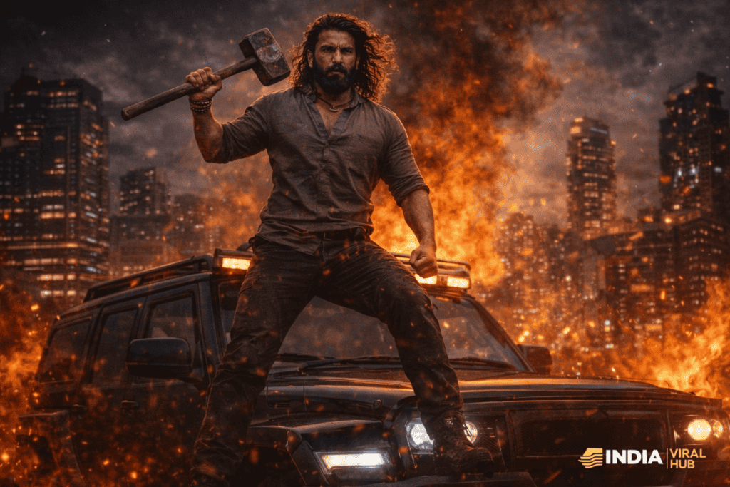 Explosive firefight scene from an Indian action movie featuring a man with a hammer on a burning vehicle in a cityscape.