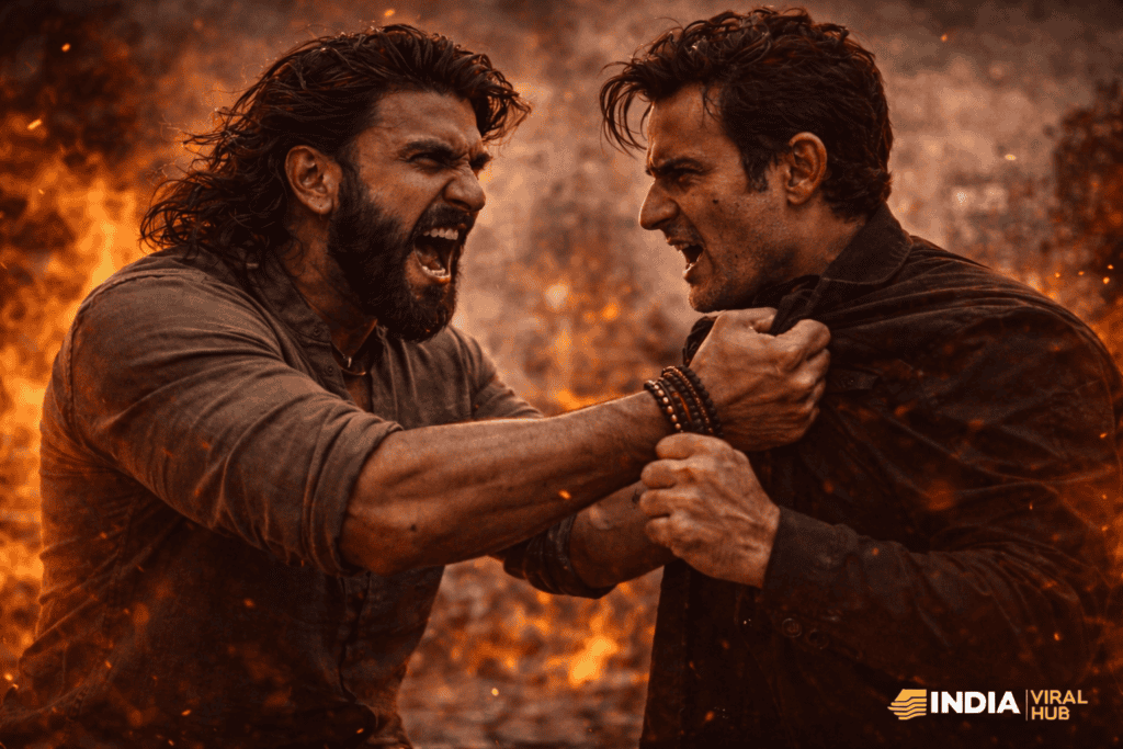 Intense fight scene from Indian action movie with fiery background - India Viral Hub.