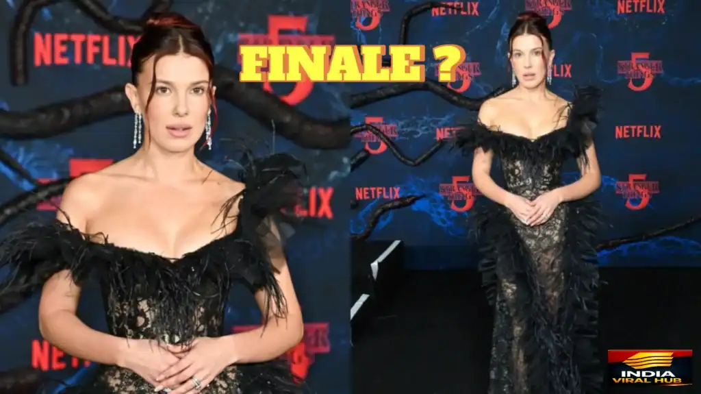 Millie Bobby Brown appears at a Stranger Things Season 5 event as fans speculate about the final episode, finale timing, and possible character deaths. The image reflects growing curiosity around the Stranger Things ending and its India release time.