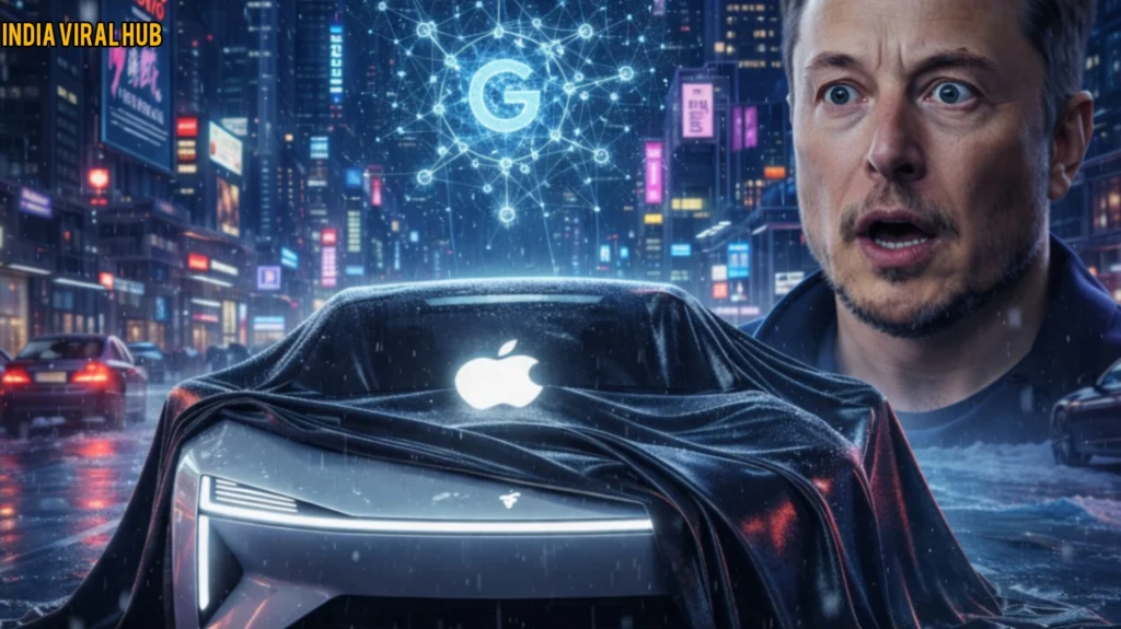 Elon Musk looking shocked at the new Apple Car 2026 launch leak with Apple logo glowing on a mysterious car