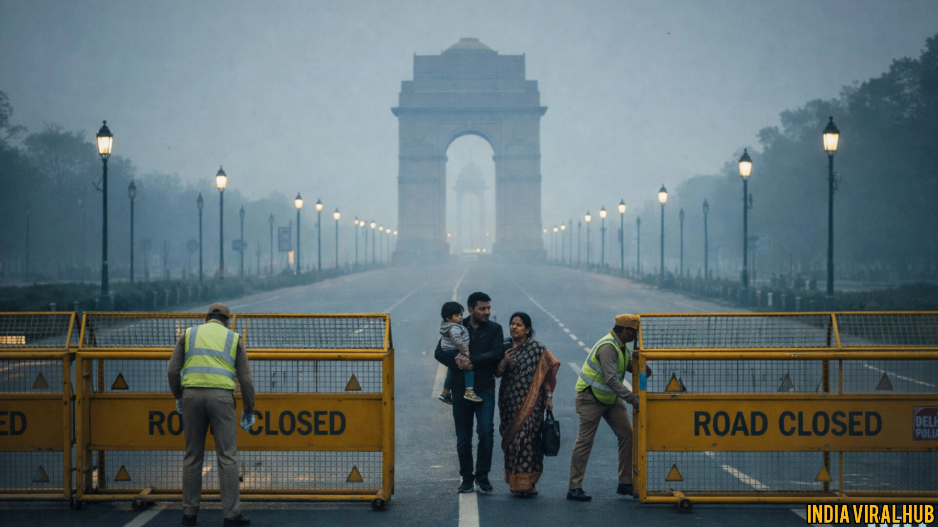 Delhi Traffic Alert Today Delhi Police placing yellow barricades at Kartavya Path near India Gate with heavy fog and road closure signs for Republic Day 2026.
