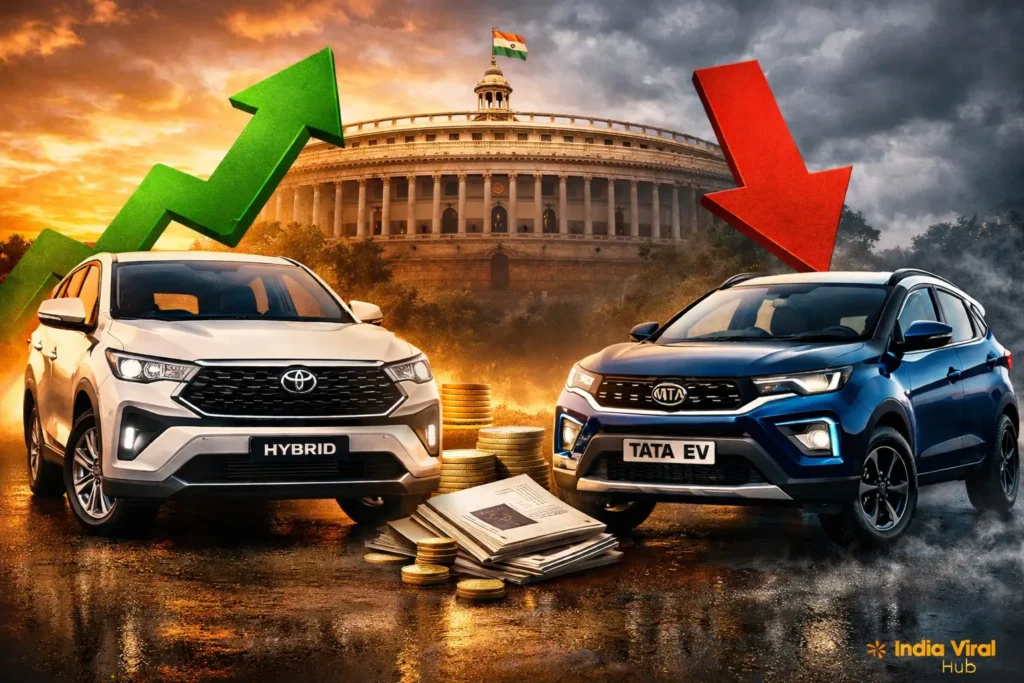 Hybrid Car Budget Plan2026 showing Toyota hybrid cars gaining advantage while Tata EV faces pressure after budget policy signals