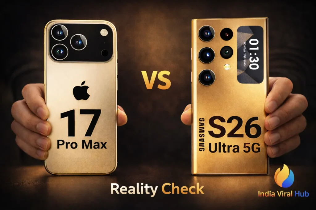 Samsung Galaxy S26 vs iPhone 17 side by side comparison showing design and camera setup for India Viral Hub review.