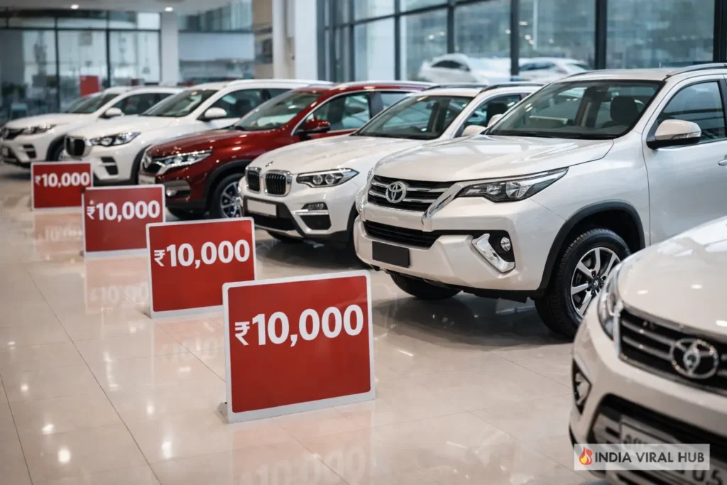 10,000 EMI Car Offers in India showing premium SUVs like Fortuner-style cars with low monthly payment boards in a modern showroom