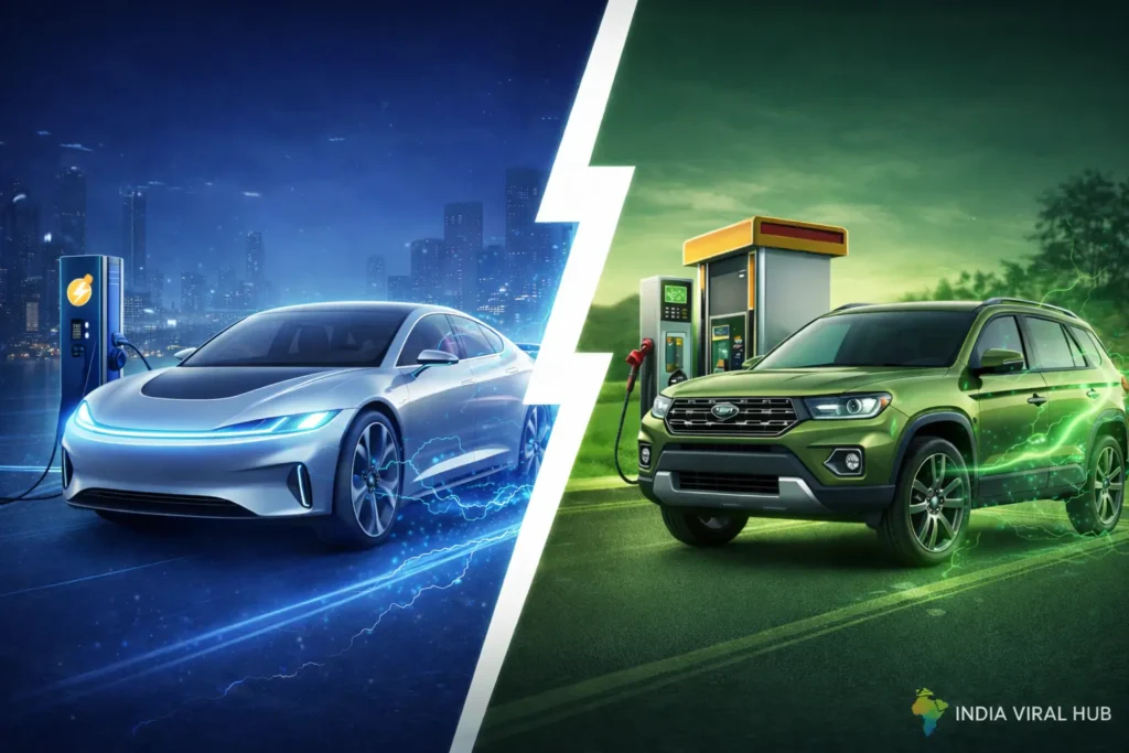 Hybrid vs EV 2026 comparison showing electric car and hybrid car for Indian roads