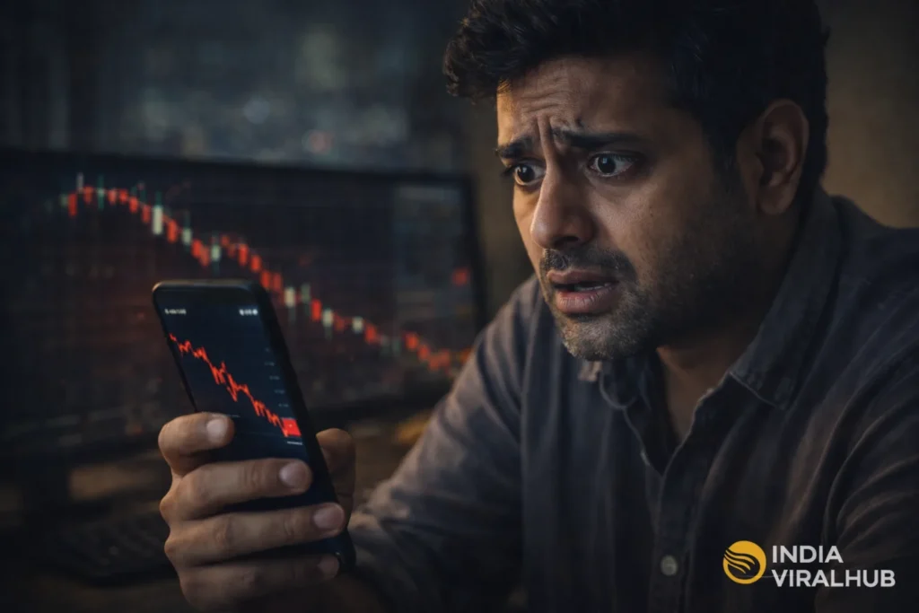 Sensex & Nifty Crash 2026 showing market fall, rupee crash and global trade war impact on Indian investors