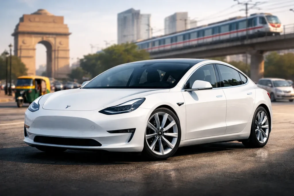 Tesla Model 3 India white electric sedan showcased in a premium launch-style setting highlighting futuristic design and aerodynamic profile