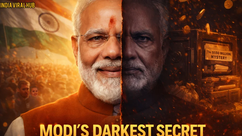 Cinematic split-face portrait of PM Narendra Modi showing two sides of leadership with falling gold coins and secret files in a dark investigative style.