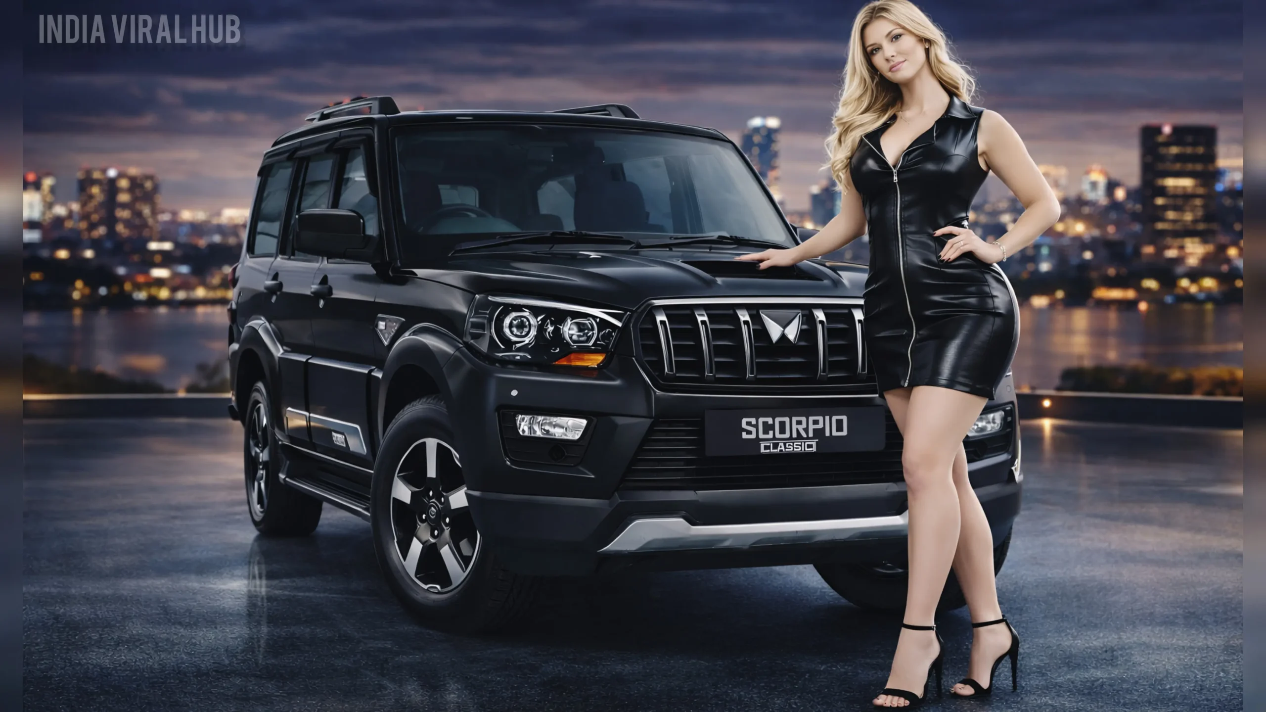 Mahindra Scorpio Classic S11 Price: Front view of Mahindra Scorpio Classic S11 in Napoli Black color showing new grille and projector headlights.