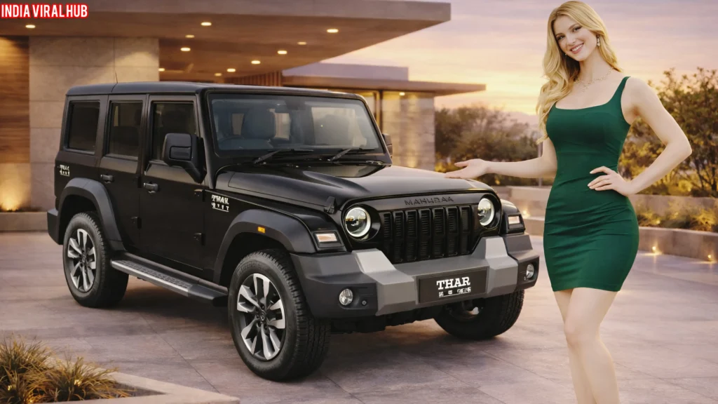 Mahindra Thar Roxx Price: Front view of the new black Mahindra Thar Roxx 5-Door, analyzing the on-road Mahindra Thar Roxx Price and its massive road presence.