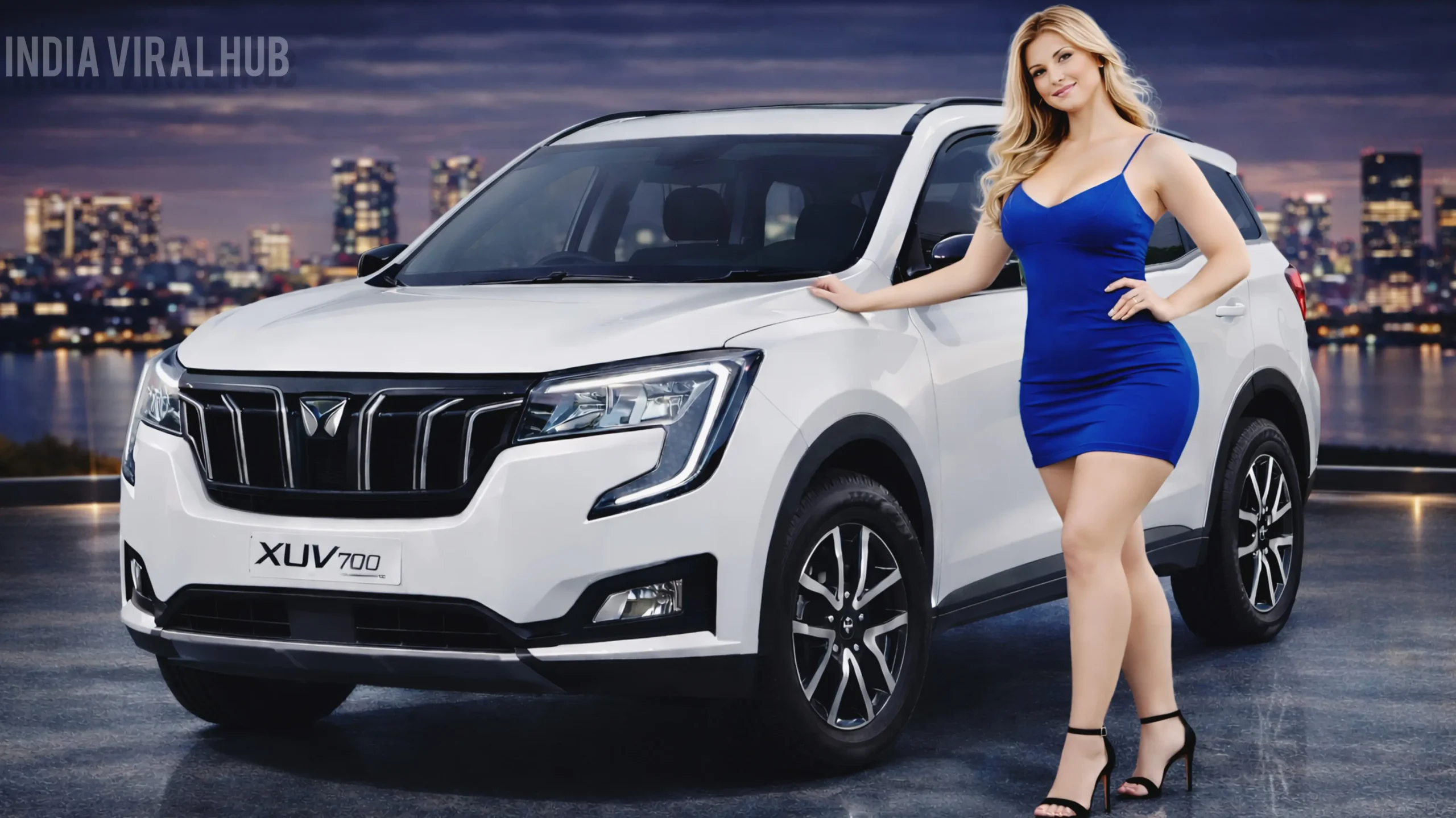 Mahindra XUV700 2026: Front view of Mahindra XUV700 2026 with C-shaped LED DRLs driving fast on highway.