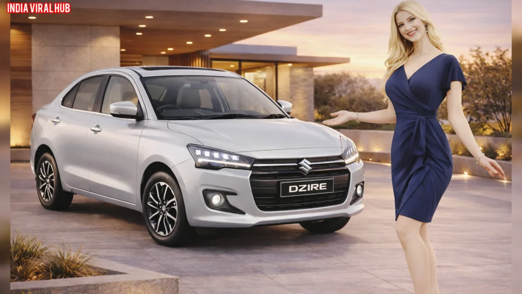 Front view of the new Maruti Dzire 2026 showing the Audi-like grille, analyzing the on-road Maruti Dzire Price.