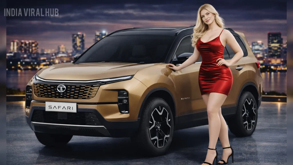 New Tata Safari 2026 Dark Edition front view with connected LED DRLs.